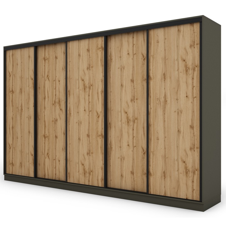 Dulap, Meblast, Premium lucrate manual, 380 cm x 244 cm x 66 cm, Sifonier, PAL 18 mm, HDF de 3 mm, PVC 0.8 mm, Numar de usi 5, Numar de sertare 4, Gri grafit /Stejar Wotan