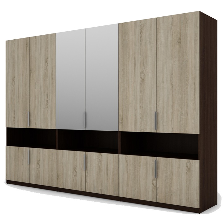 Dulap, Meblast, Premium lucrate manual, 340 cm x 244 cm, Sifonier, PAL 18 mm, HDF de 3 mm, PVC 0.8 mm, Cu oglinda - 1 buc, Stejar uleios