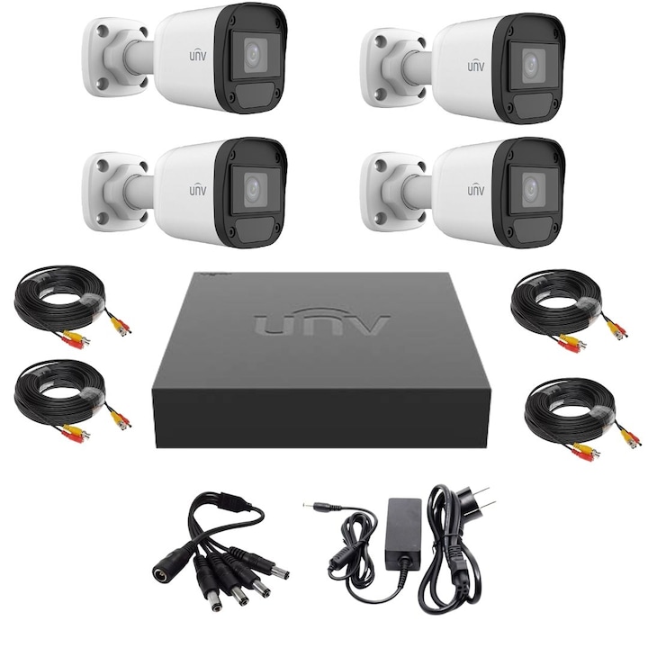 Sistem supraveghere IP UNV, 4 camere de exterior, 4MP, IR 30m, Microfon, PoE, Vizualizare pe mobil, NVR 4 canale, HDD 1TB, Accesorii