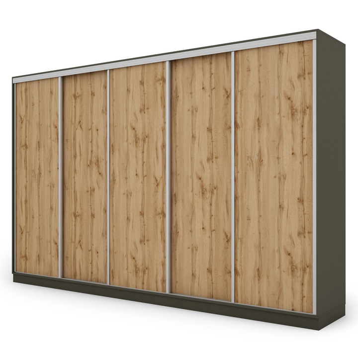 Dulap, Meblast, Premium lucrate manual, 380 cm x 244 cm x 66 cm, Sifonier, PAL 18 mm, HDF de 3 mm, PVC 0.8 mm, Numar de usi 5, Numar de sertare 4, Gri grafit /Stejar Wotan, 367687