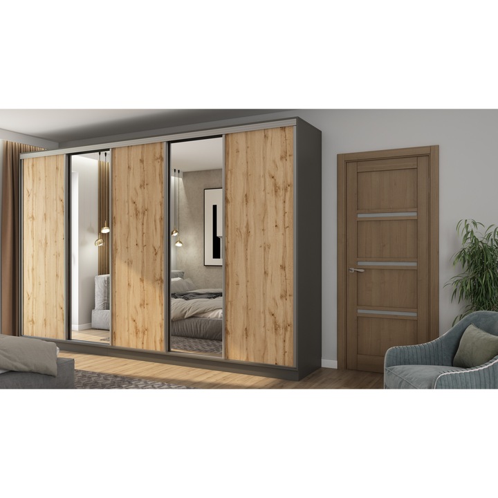 Dulap, Meblast, Premium lucrate manual, 380 cm x 244 cm x 66 cm, Sifonier, PAL 18 mm, HDF de 3 mm, PVC 0.8 mm, Numar de usi 5, Numar de sertare 4, Cu oglinda - 2 buc, Gri grafit /Stejar Wotan, 367700