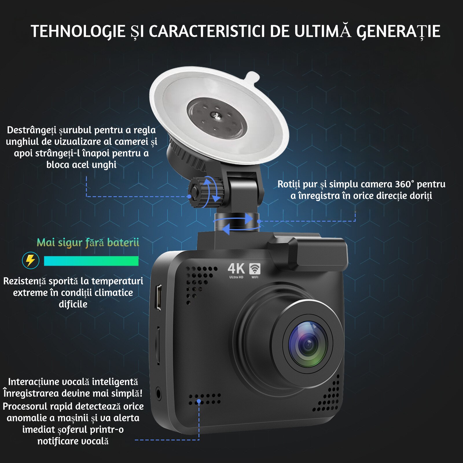 Camera auto de bord 4K ultra HD, Ventlex® Super night vision cu WiFi ...