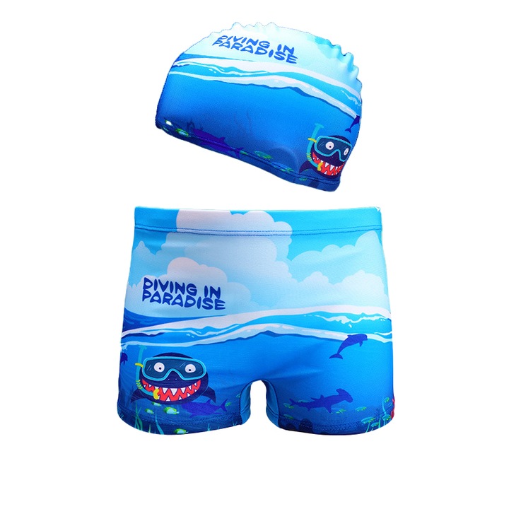 Set pantaloni de baie pentru baieti cu casca asortata, tematica petrecere pe plaja, model cu animale, EFAYN, Albastru inchis