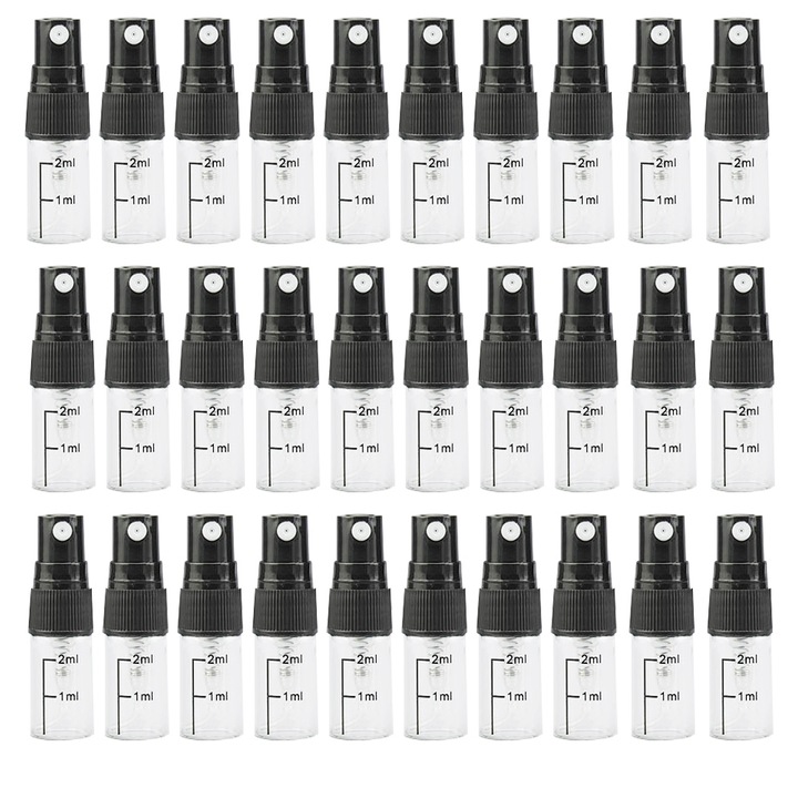 Комплект от 30 мини спрей бутилки, пластмасови, 2 ml, черни/прозрачни