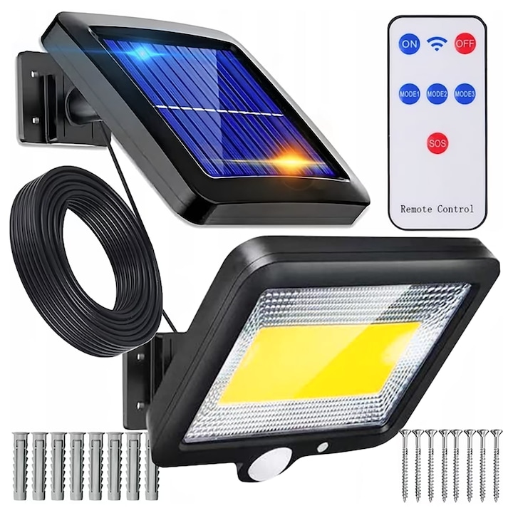 Napelemes lámpa távirányítóval, SONORH®, COB LED, mozgás- és fényérzékelő, 5 m kábel, állítható napelem, vízálló