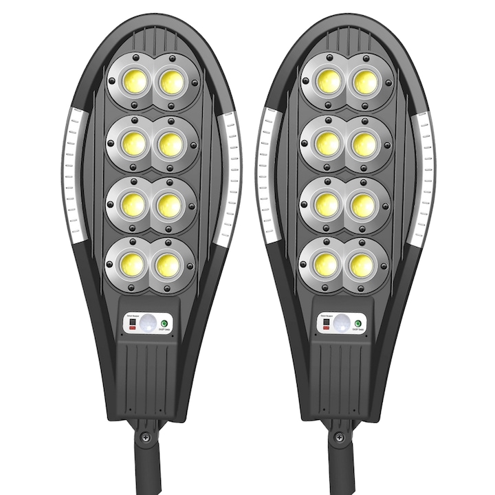 Комплект соларни улични лампи, 2 броя, Дистанционно управление, 156 LED 6 COB, Сензори за Здрач, Движение, Светлина, IP65 водоустойчивост, 3 режима на работа, Включено монтажно рамо, Черен