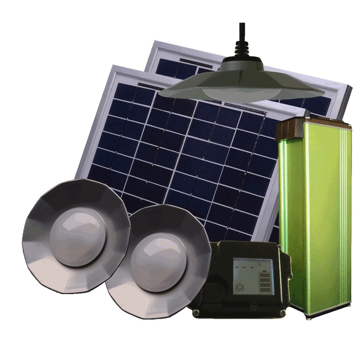 Kit Fovoltaic OFF-GRID pentru iluminat interior, LS7000, 2 x LED 2W, 2 x LED 3W, panou 1x30W, Acc Li-Ion, 96Wh