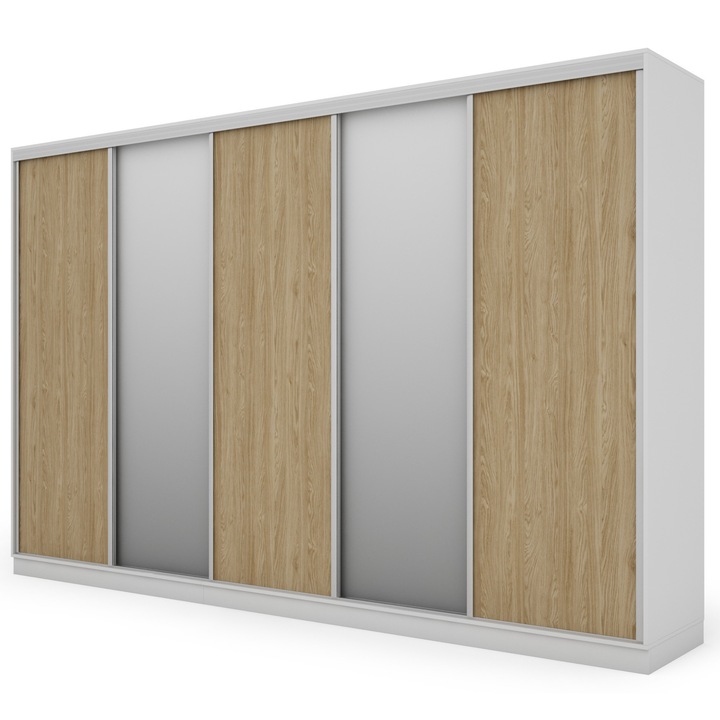 Dulap, Meblast, Premium lucrate manual, 380 cm x 244 cm x 66 cm, Sifonier, PAL 18 mm, HDF de 3 mm, PVC 0.8 mm, Numar de usi 5, Numar de sertare 4, Cu oglinda - 2 buc, Stejar alb/Uleiat, 367762