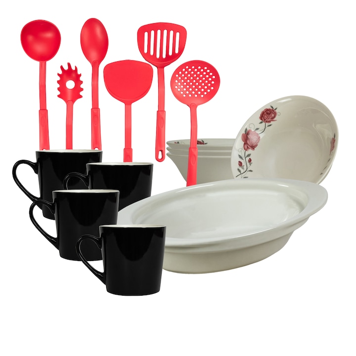 Serviciu de masa, 4 persoane, 15 piese, cana 410 ml, bol, tava termorezistenta, Portelan decorat cu Trandafiri roz