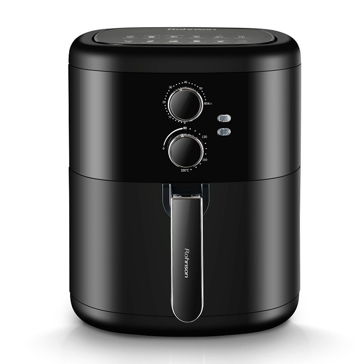 Friteuza cu aer cald Rohnson R2821, 1500W, volum recipient 6 L, control manual, cronometru 60 min, oprire automata, setare 80-200 ° C, maner izolat termic, protectie la supraincalzire, Negru