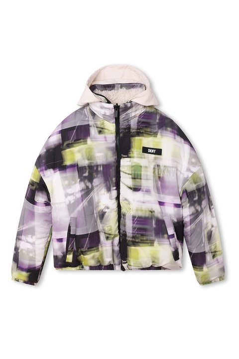 DKNY, Geaca reversibila cu gluga, Verde/Negru/Violet