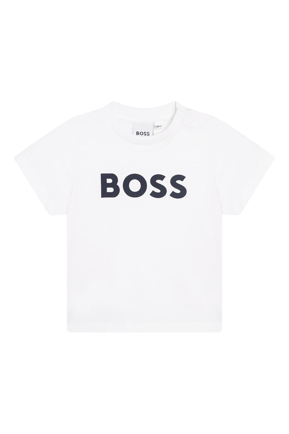 BOSS Kidswear, Tricou polo cu accente in dungi, Negru, Alb optic, 71 CM