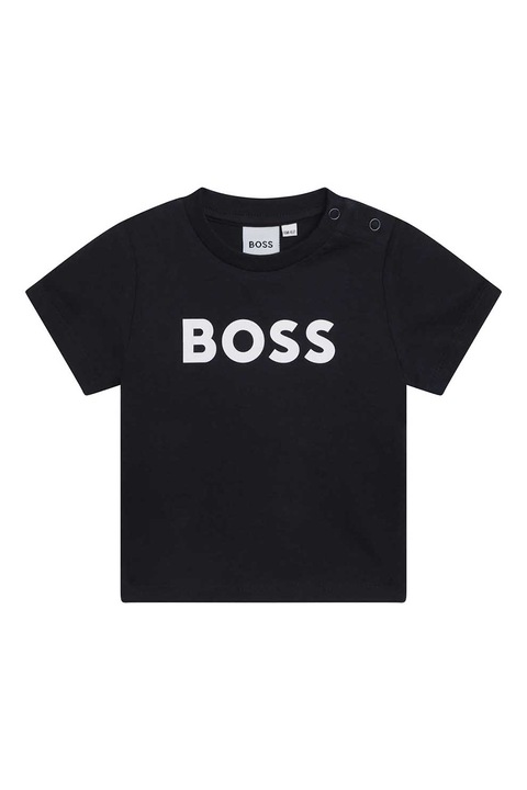 BOSS Kidswear, Tricou polo cu accente in dungi, Negru/Alb optic