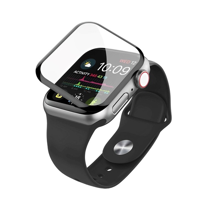 Screen Protector védőfólia, 44 mm, Apple Watchhoz, Ultra Clear, 3D Secure Glass, érintésérzékenység, 9H ellenállás, UV-védelem, ujjlenyomatok elleni védelem, ütésálló, karcolásgátló, fekete élek