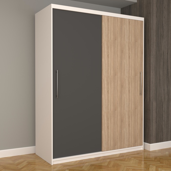 Dulap Dormitor Stefan Eco 150 cm x 200 cm x 61 cm, fara oglinda, alb cu usi glisante gri sonoma
