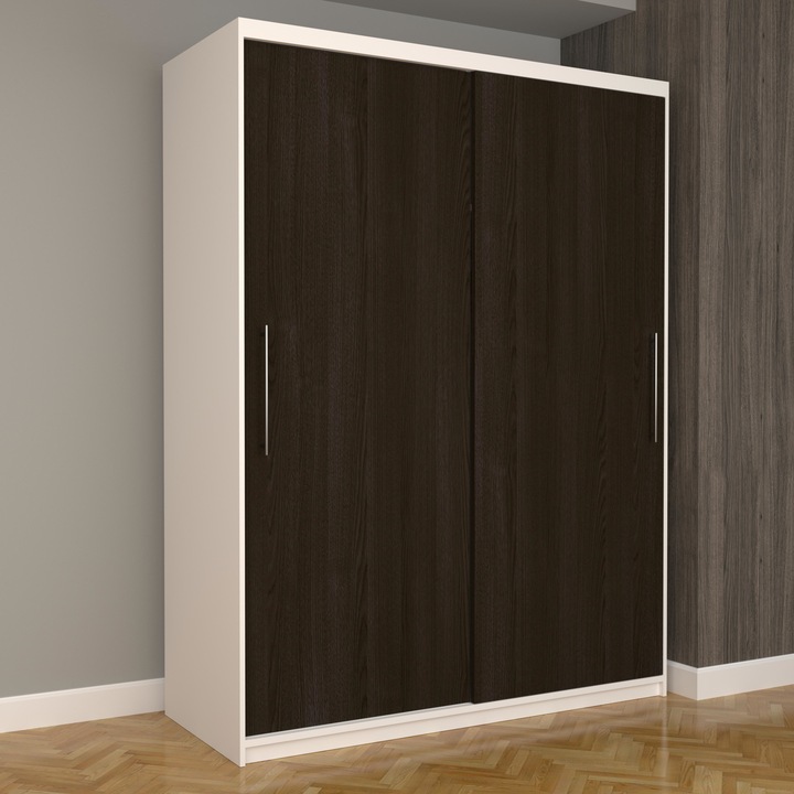 Dulap Dormitor Stefan Eco 150 cm x 200 cm x 61 cm, fara oglinda, alb cu usi glisante wenge