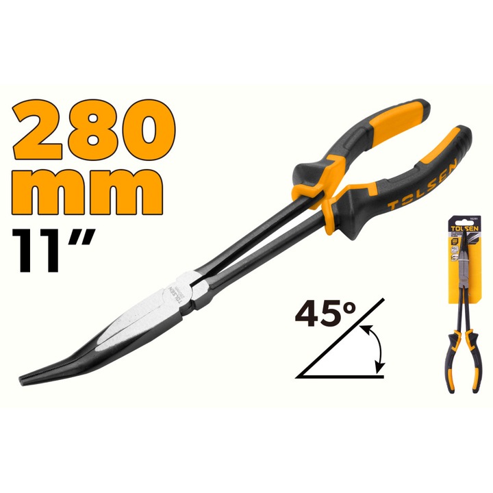 Cleste cu varf lung TOLSEN 280 mm (11"), inclinare 45°, otel forjat, finisaj negru lustruit, mandrine zimtate, maner 2 componente, acces in zone inguste, Industrial, otel de calitate superioara tratat termic, maner ergonomic bi-component antiderapant