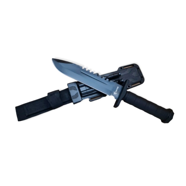 Set cutit tactic de vanatoare + acesorii, Otel inoxidabil, 31 cm, Negru