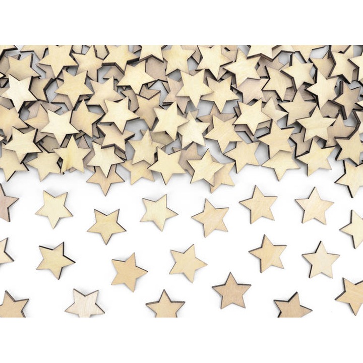 Комплект от 50 конфети звезди, PartyDeco, дърво, 2x2 см, бежово