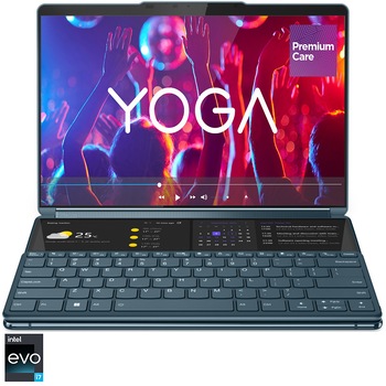 Laptop ultraportabil Lenovo Yoga Book 9 13IRU8 cu procesor Intel Core i7-1355U pana la 5.0 GHz, 2 x 13.3", 2.8K, OLED, Touch, 16GB, 1TB SSD, Intel Iris Xe Graphics, Windows 11 Pro, Tidal Teal, 3y on-site Premium Care