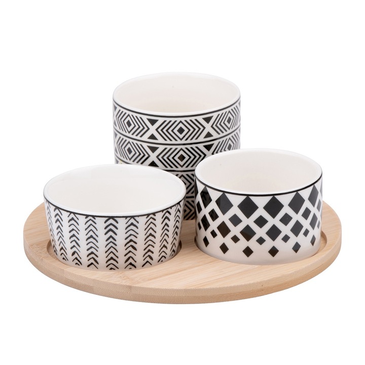 Set servire Alpina Tapas, portelan, lemn, 20 x 8.5 cm, 4 piese