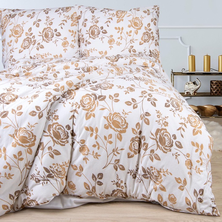 Ágynemű Jersey 200x220 Jerseylove fehér bézs virágok rózsa rózsák