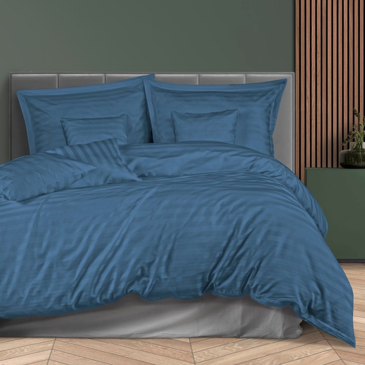 Комплект спално бельо на райе метличина Darymex, бамбук/памучен сатен, плик за завивка 160x200 + 2 калъфки за възглавници 70 x 80 см, син