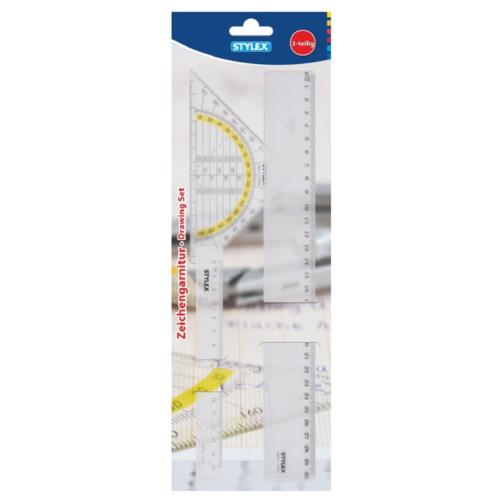 Set geometrie Stylex, 3 piese, transparent