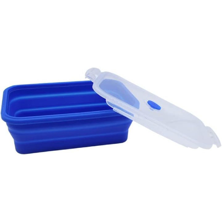 Caserola albastru inchis de silicon pliabila dreptunghiulara cu capac 21, 5 x 13, 5 x 7, 2 cm, 1200ml