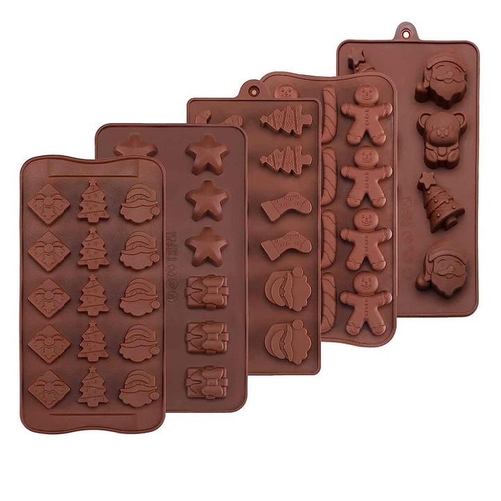 Set 5 forme silicon pentru ciocolata, GOGOU®, Tema Craciunului, 21.5 x 10 cm, maro
