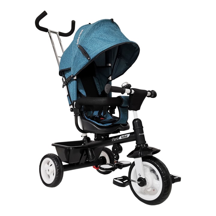 Tricicleta pentru copii Bebe Royal Paris Turquoise cu sezut reversibil, roti din spuma Eva, suport pentru picioare, spatar reglabil si functia free wheel
