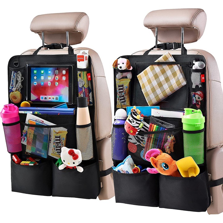Set 2 organizator pentru Scaun Auto, BOMSTOM, Pentru Sortare Lucruri si Protejare Tapiterie, Compatibil cu Orice Masina, Suport de Tableta si Sticle Inclus, Usor de Curatat si Montat, Negru