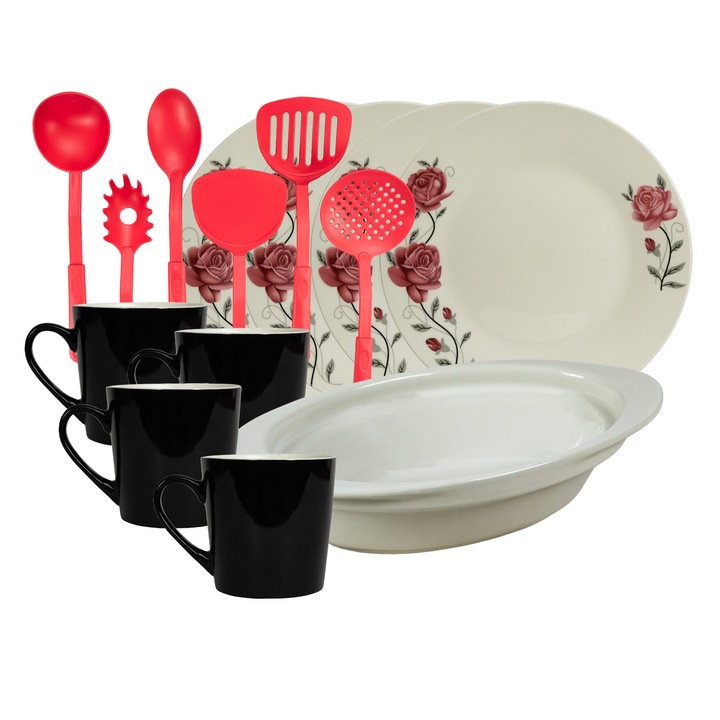 Serviciu de masa, 4 persoane, 15 piese, cana 410 ml, farfurie intinsa, tava termorezistenta, Portelan decorat cu Trandafiri roz