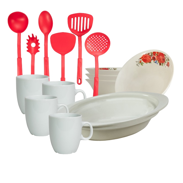 Set de masa, 4 persoane, 15 piese, cana 170 ml, bol, tava termorezistenta, Portelan decorat cu Trandafiri rosii