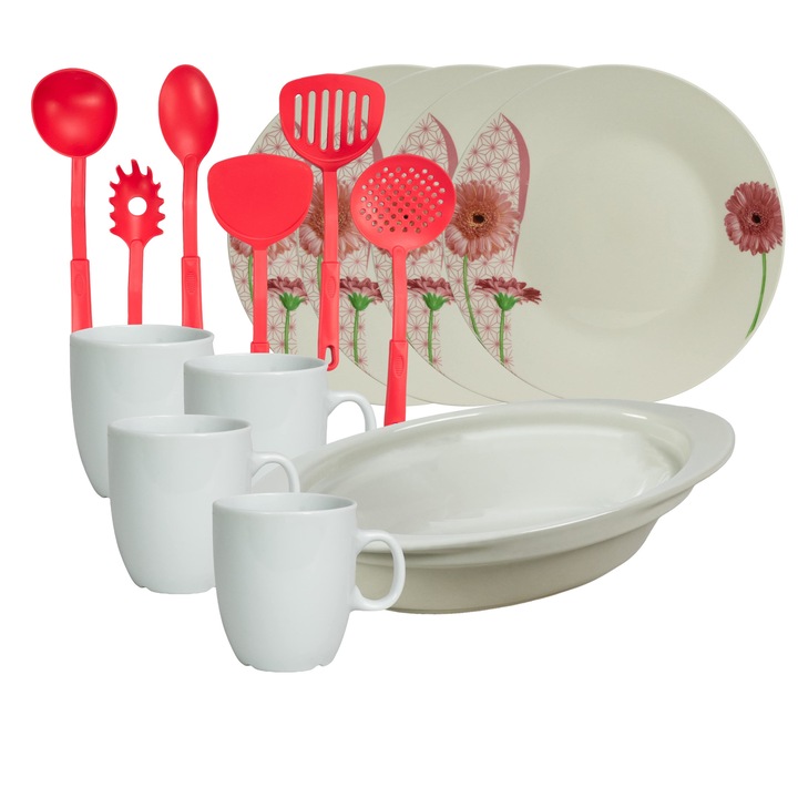 Set de masa, 4 persoane, 15 piese, cana 170 ml, farfurie intinsa, tava termorezistenta, Portelan decorat cu Margareta