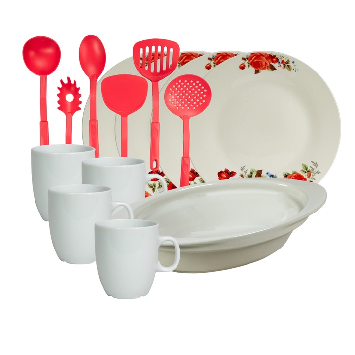 Set de masa, 4 persoane, 15 piese, cana 170 ml, farfurie intinsa, tava termorezistenta, Portelan decorat cu Trandafiri rosii