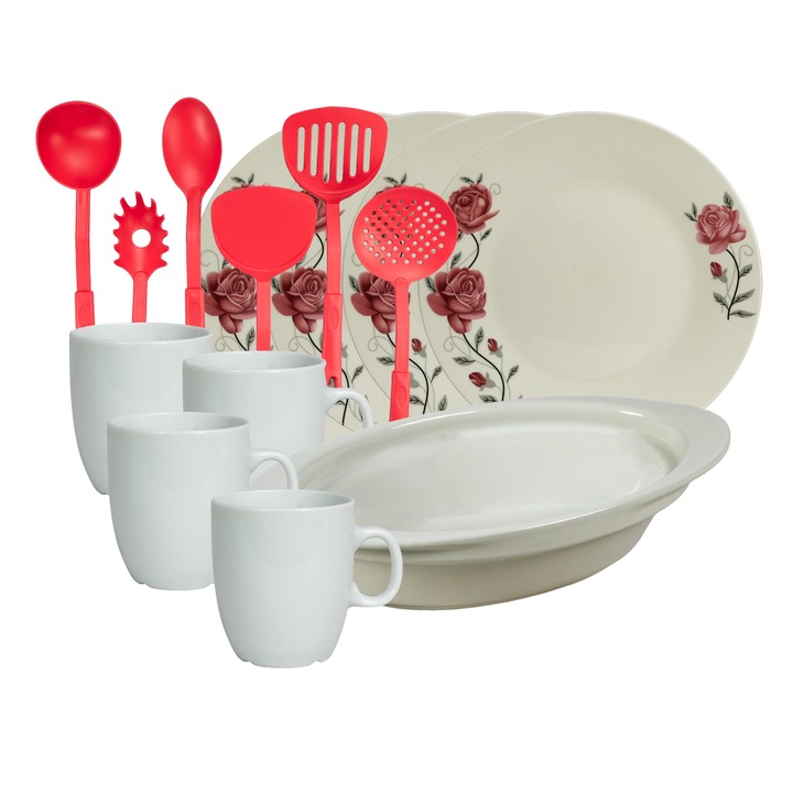 Set de masa, 4 persoane, 15 piese, cana 170 ml, farfurie intinsa, tava termorezistenta, Portelan decorat cu Trandafiri roz