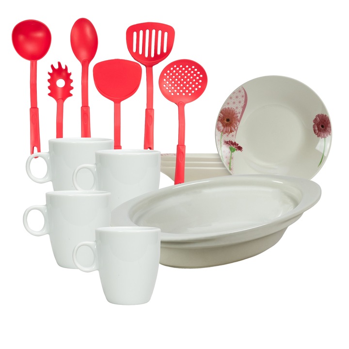 Serviciu de masa, 4 persoane, 15 piese, cana 210 ml, farfurie adanca, tava termorezistenta, Portelan decorat cu Margareta