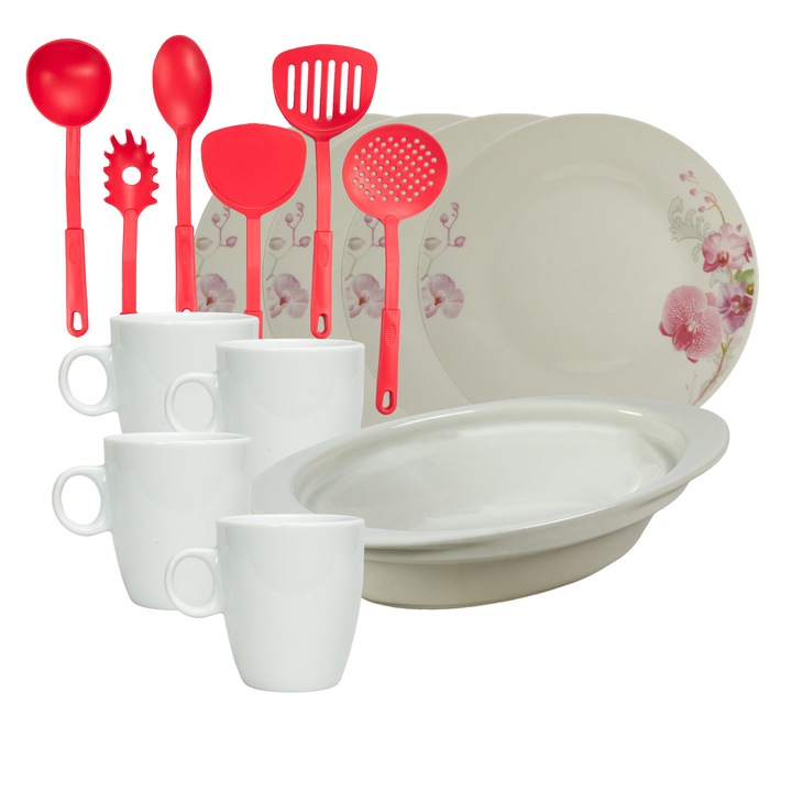 Serviciu de masa, 4 persoane, 15 piese, cana 210 ml, farfurie intinsa, tava termorezistenta, Portelan decorat cu Orhidee