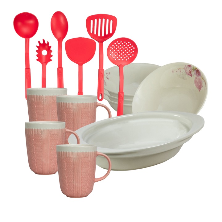 Serviciu de masa, 4 persoane, 15 piese, cana 320 ml, bol, tava termorezistenta, Portelan decorat cu Orhidee