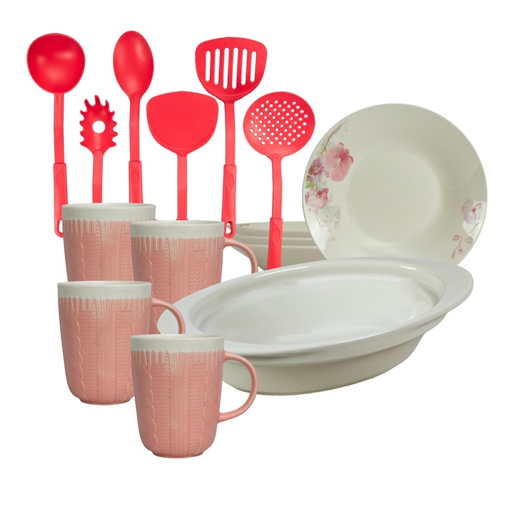 Serviciu de masa, 4 persoane, 15 piese, cana 320 ml, farfurie adanca, tava termorezistenta, Portelan decorat cu Orhidee