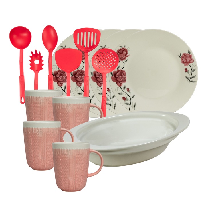 Serviciu de masa, 4 persoane, 15 piese, cana 320 ml, farfurie intinsa, tava termorezistenta, Portelan decorat cu Trandafiri roz