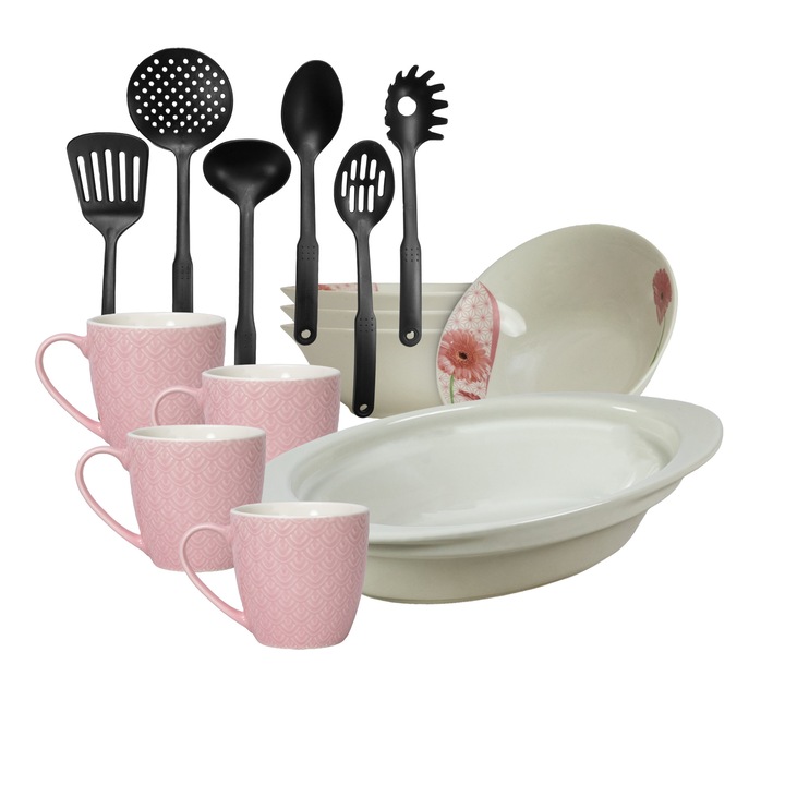 Serviciu de masa, 4 persoane, 15 piese, cana roz 200 ml, bol, tava termorezistenta, ustensile bucatarie, Portelan decorat cu Margareta
