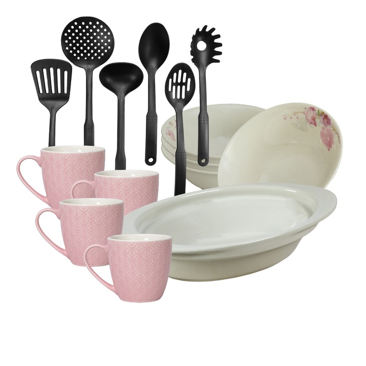 Serviciu de masa, 4 persoane, 15 piese, cana roz 200 ml, bol, tava termorezistenta, ustensile bucatarie, Portelan decorat cu Orhidee