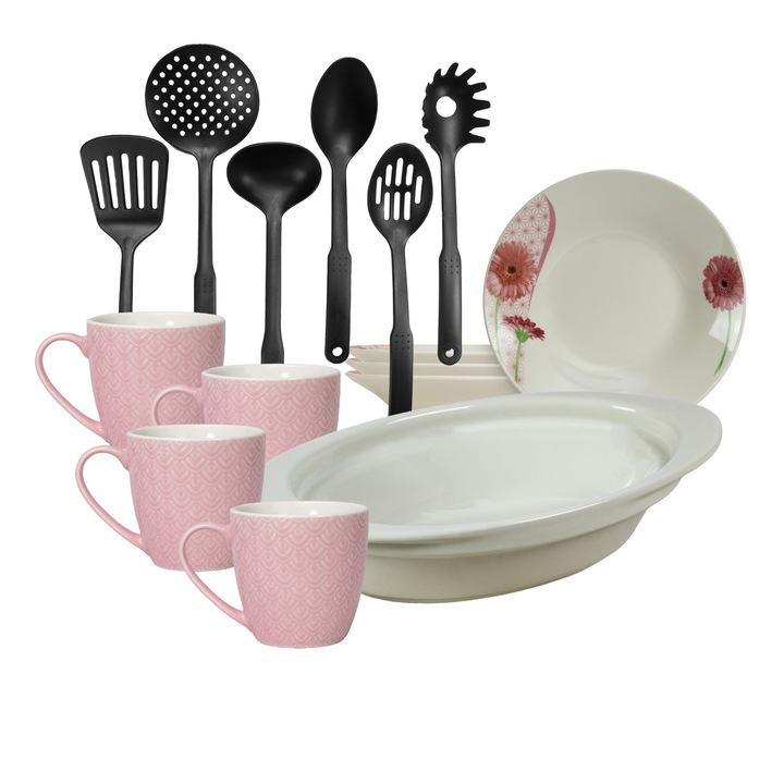 Serviciu de masa, 4 persoane, 15 piese, cana roz 200 ml, farfurie adanca, tava termorezistenta, ustensile bucatarie, Portelan decorat cu Margareta