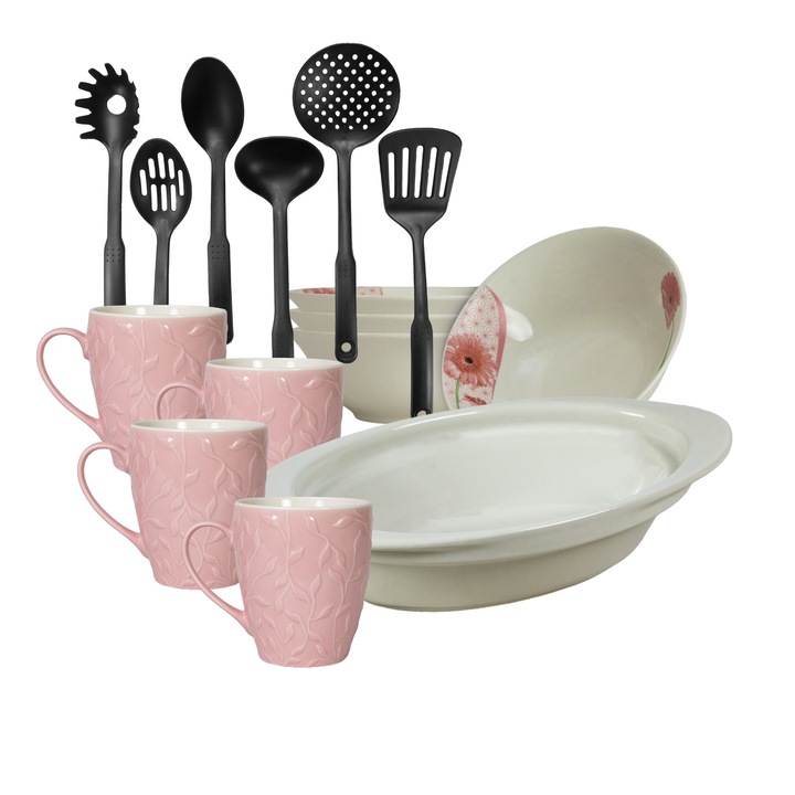 Serviciu de masa, 4 persoane, 15 piese, cana roz 370 ml, bol, tava termorezistenta, ustensile bucatarie, Portelan decorat cu Margareta