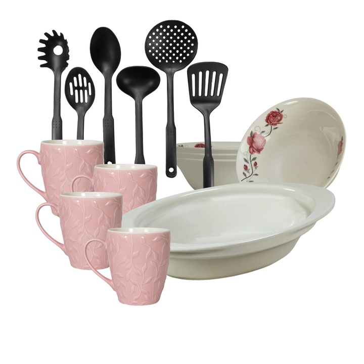 Serviciu de masa, 4 persoane, 15 piese, cana roz 370 ml, bol, tava termorezistenta, ustensile bucatarie, Portelan decorat cu Trandafiri roz