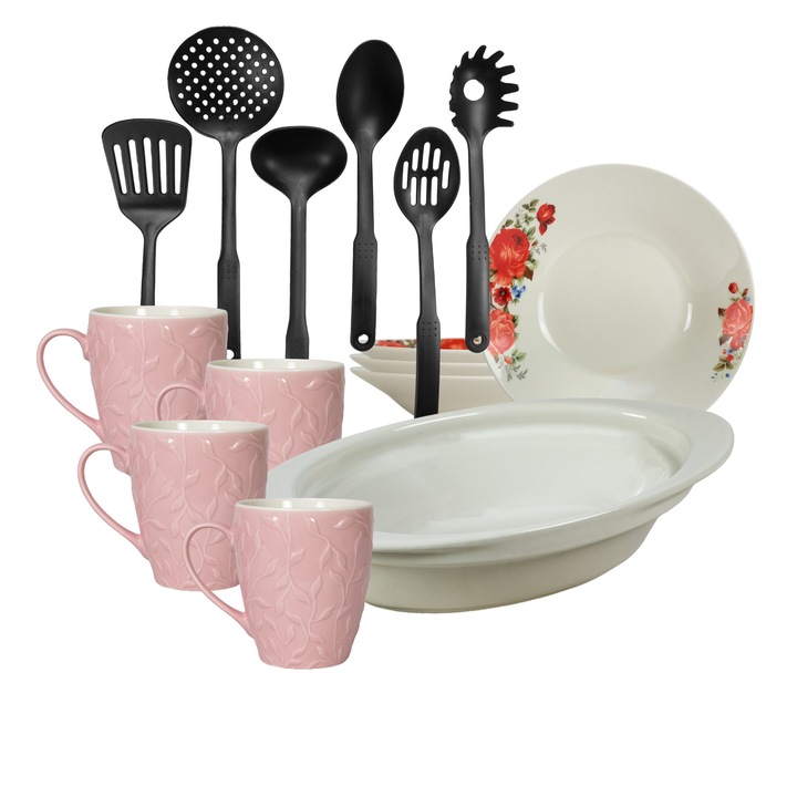 Serviciu de masa, 4 persoane, 15 piese, cana roz 370 ml, farfurie adanca, tava termorezistenta, ustensile bucatarie, Portelan decorat cu Trandafiri rosii