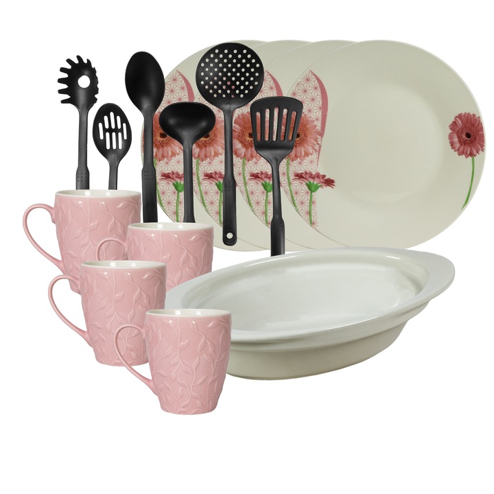 Serviciu de masa, 4 persoane, 15 piese, cana roz 370 ml, farfurie intinsa, tava termorezistenta, ustensile bucatarie, Portelan decorat cu Margareta