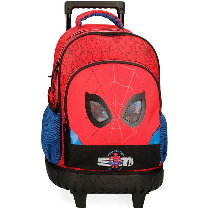 Ghiozdan troler baieti, Spiderman Protector, 2 roti duble, 2 compartimente, 32x43x21 cm
